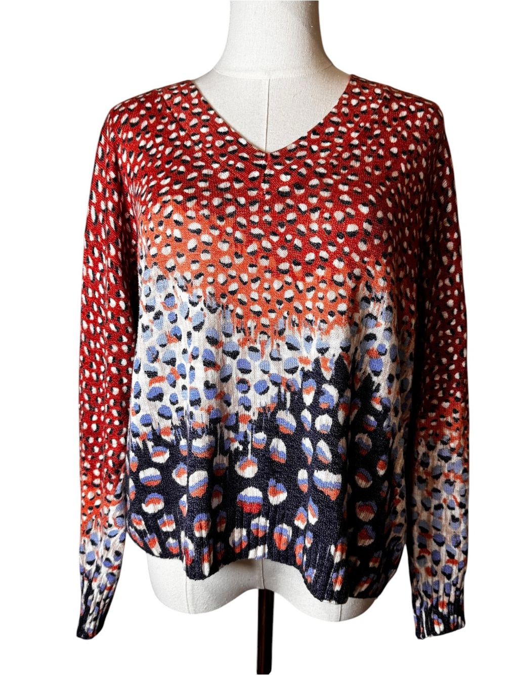 NWT NIC+ZOE Spotted Pixel Cotton Blend V-Neck Knit Pullover Sweater Rust PL